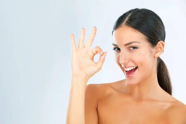 Woman Portrait Hand Gesture Beauty Skincare Wellness Agreement Treatment White Stock Photo