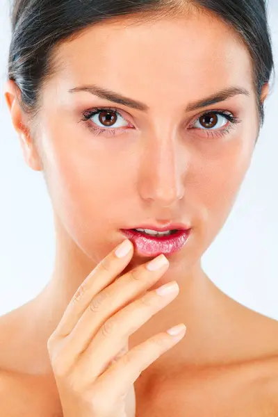 Frau Gesicht Und Hand Auf Den Lippen Für Schönheit Dermatologie — Stockfoto