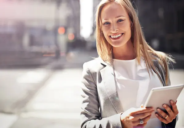 Smile, tablet and portrait of businesswoman, city or urban for corporate employee. Confidence, technology and commute or travel to workplace in New York, business consultant and successful career.