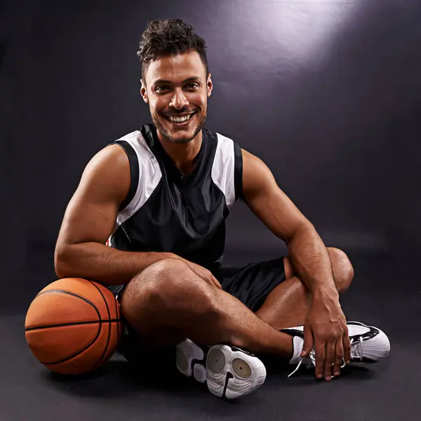 Man Portrait Basketball Player Smile Sports Performance Competition Black Background — Stock Photo, Image