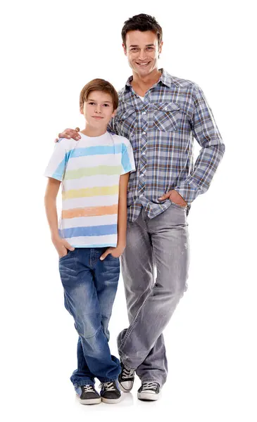 Happy Dad Portrait Hug Kid Fashion Family Bonding White Studio Royalty Free Stock Images