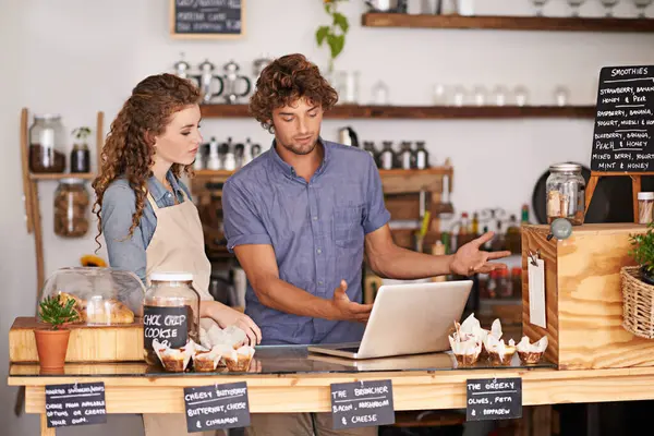 Laptop Bakery Small Business People Website Social Media Ideas Planning — Stock Photo, Image