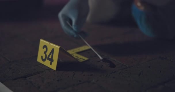 犯罪现场的证据标记 Csi和血球 夜间法医在地板上对谋杀案进行调查 专业人员 手套专家和负责观察和搜查的案件调查员 — 图库视频影像
