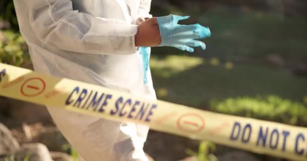 Forense Luvas Fita Polícia Cena Crime Para Investigação Preparando Hazmat — Vídeo de Stock
