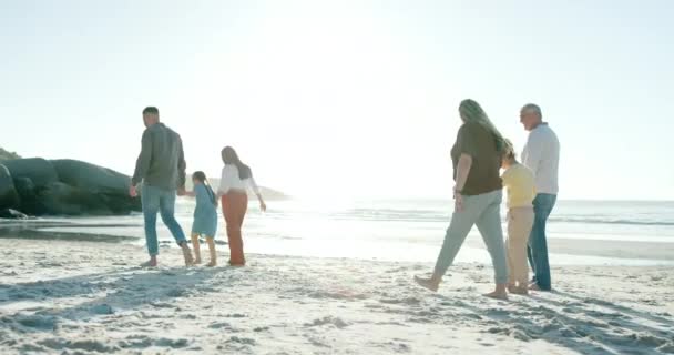 Famiglia Felice Che Tiene Mano Generazioni Camminando Sulla Spiaggia Tramonto — Video Stock