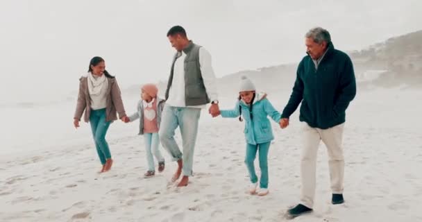 在大自然中牵着孩子的手和家人过节 度假和在冬天冒险 祖父母 旅行和母亲 父亲和孩子们一起在海上亲热 散步和放松 — 图库视频影像