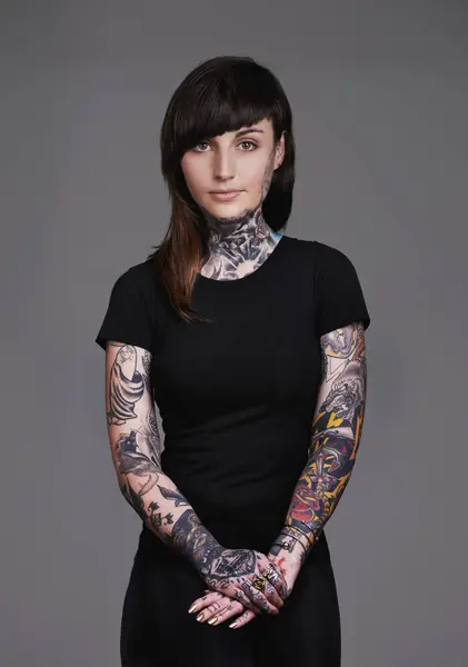Woman Portrait Tattoo Fashion Sleeves Facial Treatment Style Body Art — Stock Photo, Image