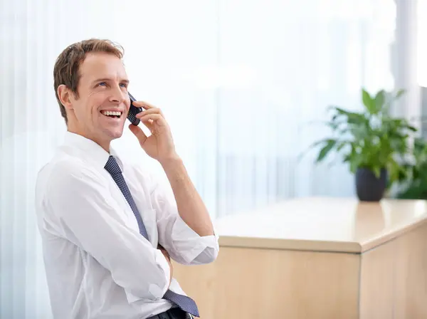 Ofis Kurmak Telefon Görüşmesi Yapan Mutlu Bir Adam Iletişim Planlama — Stok fotoğraf