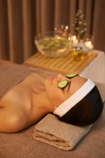 Skincare Relax Woman Cucumber Face Massage Spa Peace Calm Wellness — Stock Photo, Image
