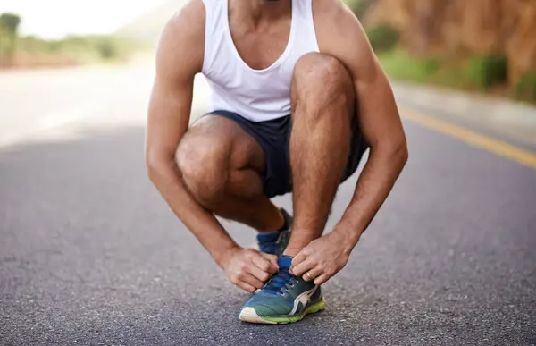 Man Feet Tying Laces Road Running Prepare Shoes Cardio Training — Stock Photo, Image