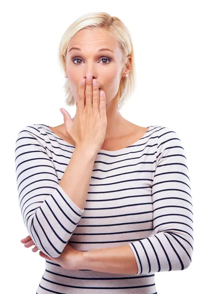 Mulher Retrato Mão Sobre Boca Para Surpresa Reação Emoji Com — Fotografia de Stock