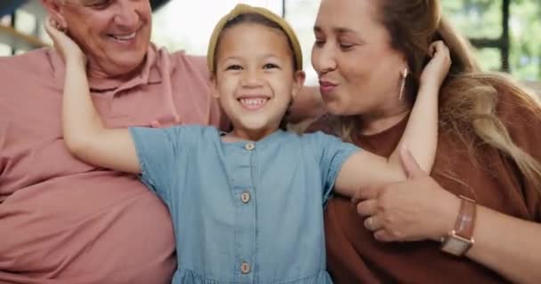 Grandpa Grandma Kiss Grandchild Sofa Love Support Care Together Home — Stock Video