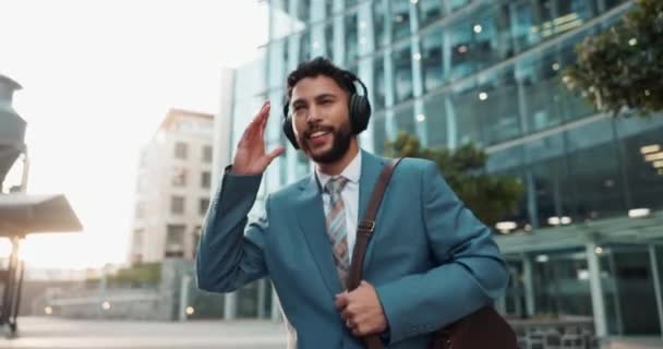 Бізнесмен Танцювати Досягати Успіху Музикою Місті Мотивації Досягнень Або Просування — стокове відео