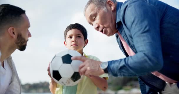 Nauczanie Piłka Nożna Rodzina Dzieckiem Grze Świeżym Powietrzu Lecie Wakacje — Wideo stockowe