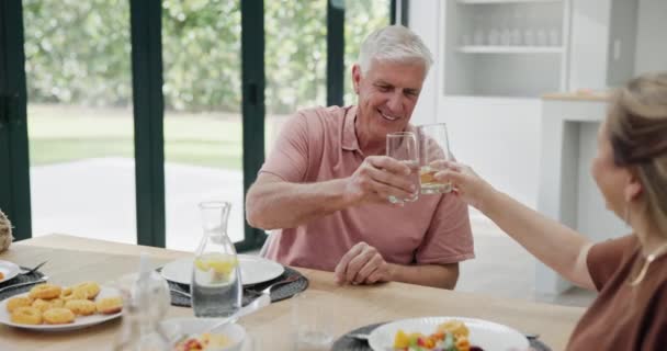 与家人共进午餐 在家里吃饭 度假或退休的老人 老年人 人和吐司与酒在饭厅吃饭庆祝在宴会上与食物 — 图库视频影像