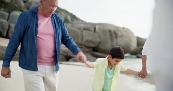 そして休暇中にスウィング ボンディングでビーチを歩くための手を握ります おじいちゃん おばあちゃん おばあちゃんと子供とつながり 海で愛とアウトドア ブラジルでリフトと幸せ — ストック動画