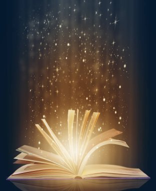 Kitap, masal ve okunacak sayfalar. Işıklı ve parlayan hikayeler. Yaratıcı roman, pırıltı ve yıldızlar sihir için, kurgu için, ışık için ve gerçeküstü ışık ve resim için..