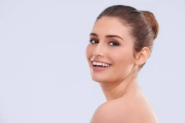 Beauty Skincare Portrait Happy Woman Makeup Wellness Benefits Cosmetics Studio — Stock Photo, Image