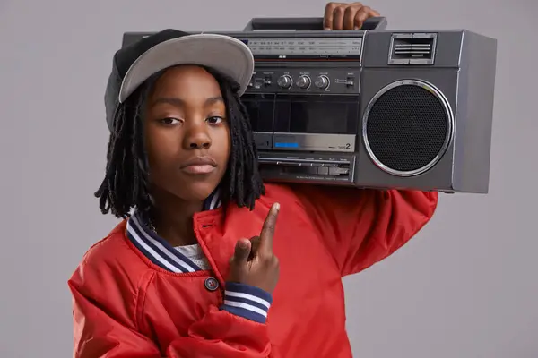 Zwart Kind Serieus Portret Met Radio Handteken Voor Hiphop Rap — Stockfoto