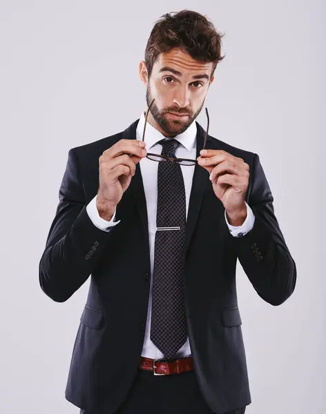 Portrait Studio Businessman Suit Glasses Vision Lawyer Question Expression Necktie — Stock Photo, Image