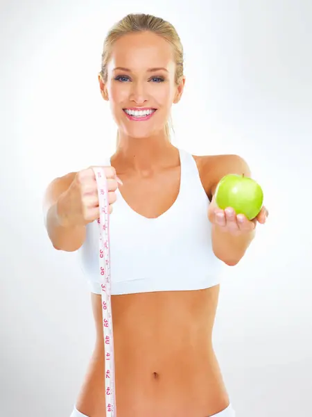 Fitness Woman Portrait Apple Measuring Tape Exercise Health Wellness Diet — Stock Photo, Image