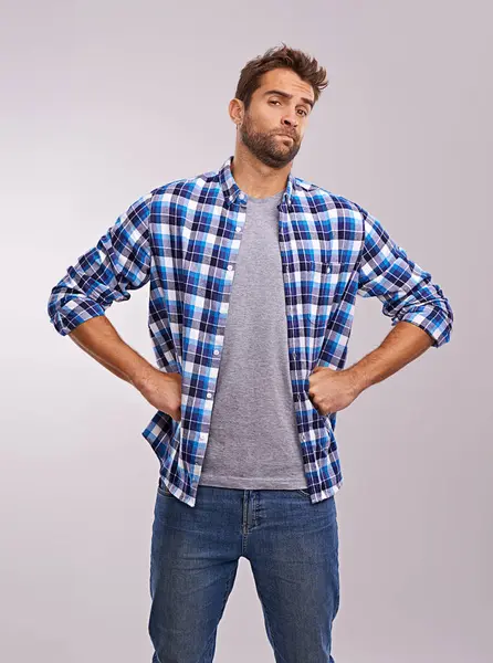 Portret Twijfel Man Studio Voor Mode Met Jeans Shirt Geïsoleerd — Stockfoto