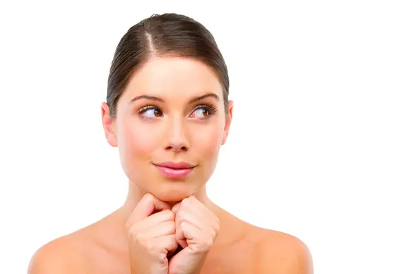 Thinking Skincare Ideas Woman Cosmetics Dermatology Isolated White Studio Background — Stock Photo, Image