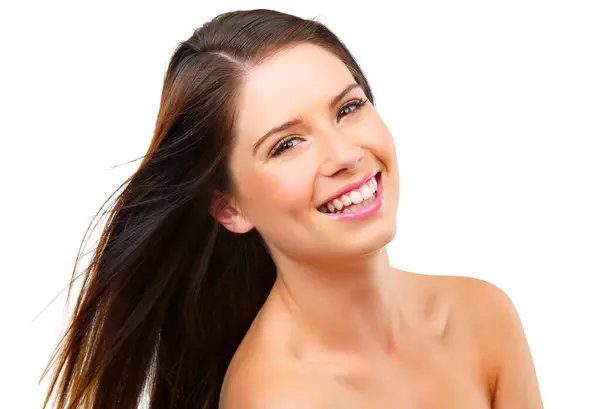 Happy Woman Portrait Hair Beauty Shine Keratin Shampoo Cosmetic Care — Stock Photo, Image