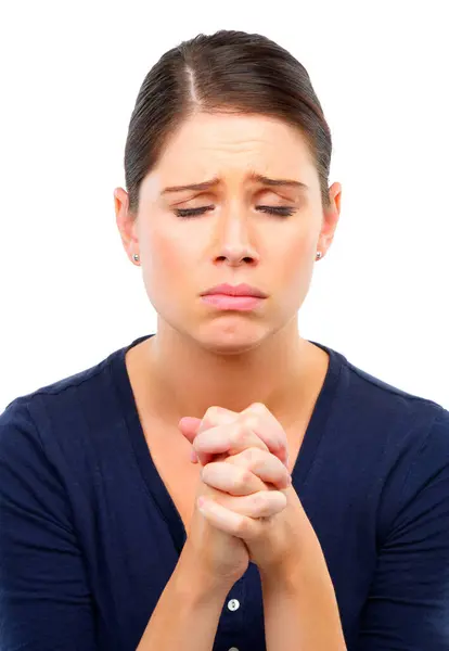 双手和悲伤的女人在工作室里祈祷希望 帮助或解决方案的白色背景 崇拜和女性典范 赞美对上帝的压力 焦虑或支持 恩典或信仰 — 图库照片