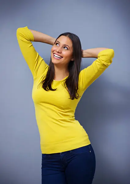 Woman Laughing Fashion Studio Happy Arms Raised Ideas Excited Memory Stock Image