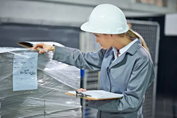 Logistics Clipboard Woman Warehouse Inventory Quality Control Freight Distribution Hardhat — Stock Photo, Image