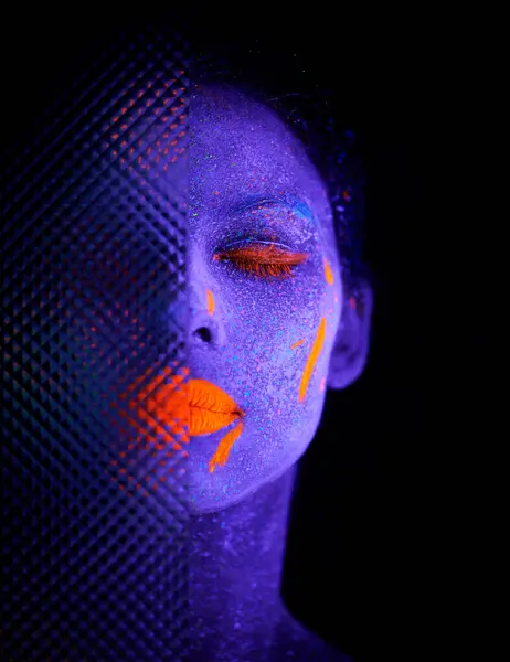 Face Neon Mystery Paint Creative Art Glitter Unique Psychedelic Glow — Stock Photo, Image