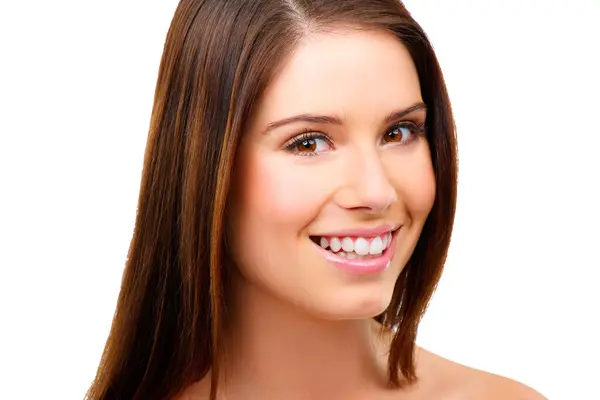 Happy Woman Portrait Hair Beauty Glow Keratin Shampoo Cosmetics Isolated — Stock Photo, Image