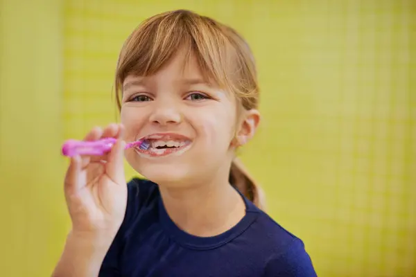 Girl Portrait Child Studio Brushing Teeth Smile Development Isolated Yellow — Stock Photo, Image