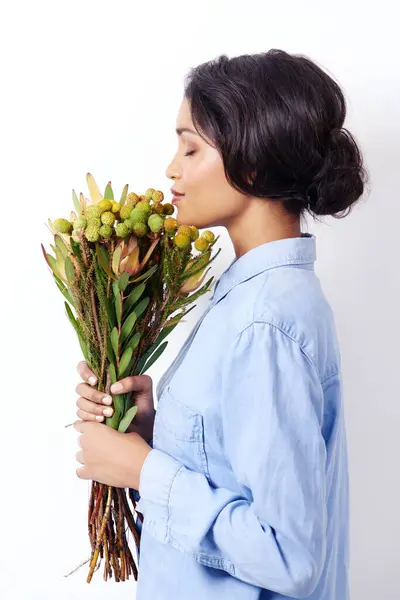 Mujeres Ramo Flores Estudio Para Olfato Botánica Para Hojas Con —  Fotos de Stock