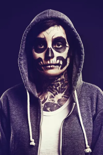 Skelet Make Portret Van Vrouw Donkere Achtergrond Voor Festival Halloween — Stockfoto
