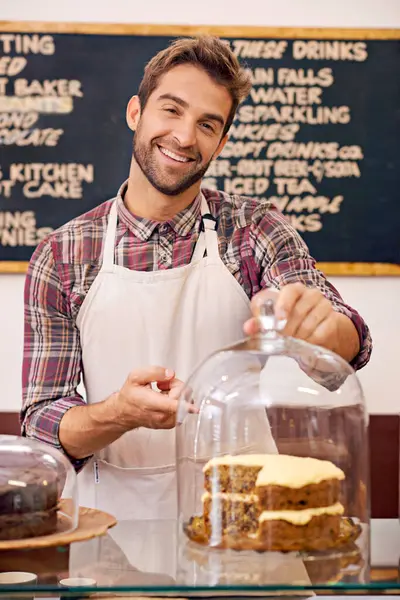 Man Waiter Cake Counter Cafe Display Service Catering Smile Portrait — Stock Photo, Image