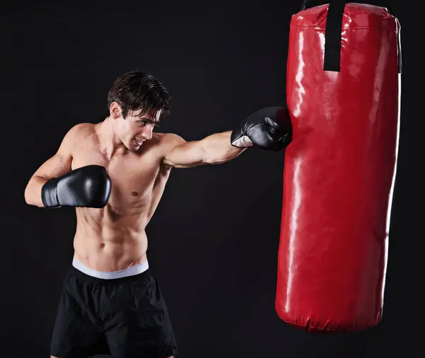 Man Athlete Punch Boxing Bag Gloves Exercise Workout Martial Arts — Stock Photo, Image
