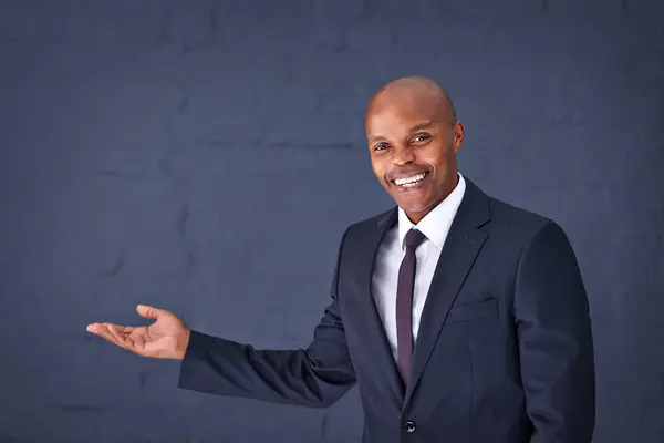 Happy Portrait Black Man Presentation Advertising Show Speech Gray Studio — 스톡 사진