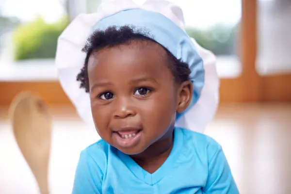 Black Baby Portrait Chef Hat House Spoon Blue Tshirt Jeans — Stock Photo, Image