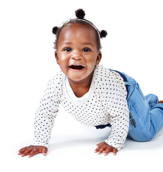 Portrait Baby Girl Smile Crawling Child Development Studio Mock White — Stock Photo, Image