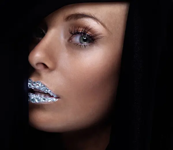 Beauty Portrait Woman Crystal Lips Studio Jewelry Skin Isolated Black — Stock Photo, Image
