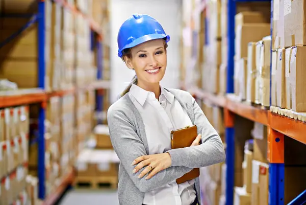 Tablet, portrait or woman in warehouse for storage, shipping delivery, product or stock in factory by shelf. Packaging, logistics, boxes or inspection on package or cargo for online order on website.