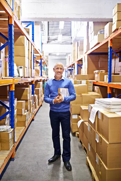 Portrait, stock or man with printing factory checklist for delivery order, storage or boxes on clipboard. Warehouse, mature manager or supply chain inspection for plant, package or wholesale shipping.