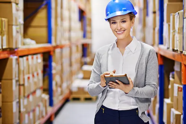 Tablet, portrait or woman in warehouse for safety, shipping delivery, product or stock in factory by shelf. Printing logistics, happy inspector or boxes for package or cargo for online order on web.