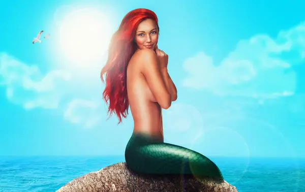 Mermaid Sea Rock Beauty Portrait Smile Fantasy Fairytale Mythical Ocean — Stock Photo, Image