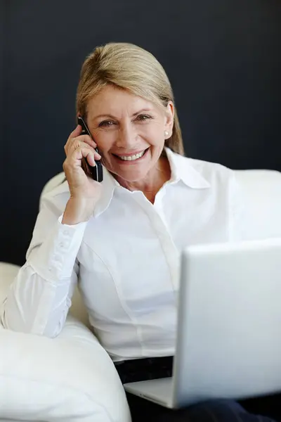 Woman Portrait Phone Call Laptop Business Home Remote Work Multitasking — Stock Photo, Image