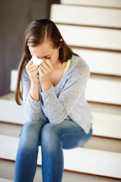 Estrés Llanto Mujer Casa Con Tejido Depresión Salud Mental Crisis —  Fotos de Stock
