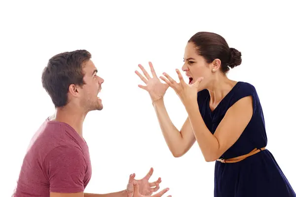 Divorce Fight Angry Couple Screaming Studio Cheating Liar Mistake White Stock Photo