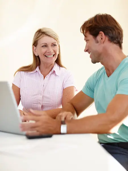 Laptop Planning Happy Business People Meeting Creative Research Checking Feedback — Stock Photo, Image